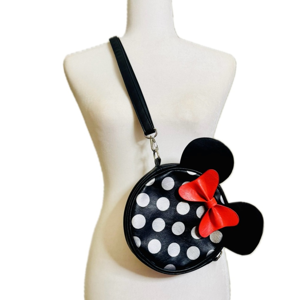 Disney, Minnie Mouse, Polka Dot Vegan Leather Crossbody Bag with Red Bow